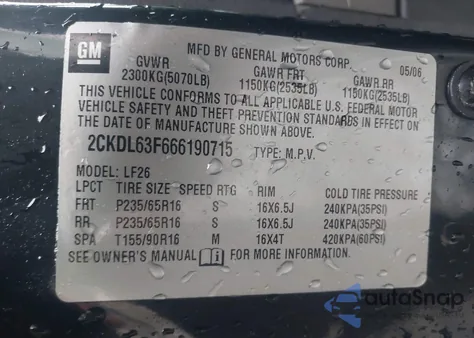 2006 Pontiac Torrent z USA, uszkodzony, nr VIN 2CKDL63F666190715